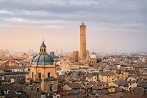 Cityscape with towers and sunset. Bologna, Emilia Romagna, Italy