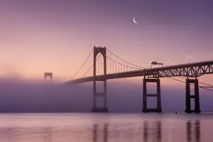 Rhode Island Prints: Clairborne Pell Bridge in fog with quarter moon at sunrise