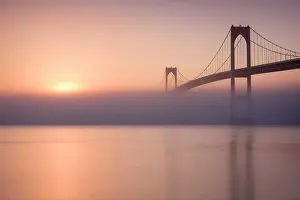 Suspension Bridge Prints: Clairborne Pell Bridge in fog at sunrise, Narragansett Bay, Jamestown, Rhode Island, USA