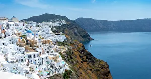Classic Architecture with Caldera View, Homes built on the Hill around the Caldera Crater with Views over Augean Sea, Santorini, Oia, Greek Islands, Greece