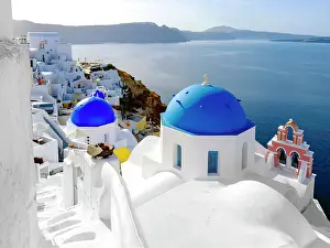 Santorini Prints: Classic Blue Domes, Church and White Architecture Santorini, Oia, Greek Islands, Greece