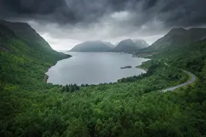 Wind Prints: The classic view of Bergsbotn on a gloomy and rainy summer afternoon. Senja Island, Norway