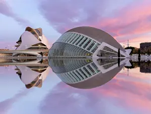 Valencia Prints: Classic view of the Ciudad de los artes y ciencias (City of Arts and Sciences) at sunset