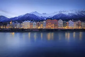 Tiroler Prints: The classic view at evening of the Mariahilf buildings with the Nordkette in