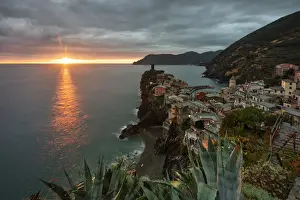 classic view of Vernazza at sunset, national park of Cinque Terre, municipality of