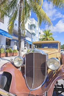 Classic vintage american car parked on Ocean drive, South Beach, Miami, Florida, USA