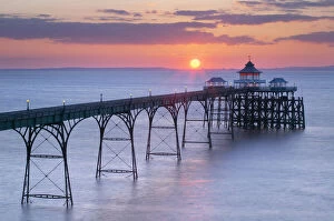 Clevedon Pier at sunset, Severn Estuary looking towards Wales