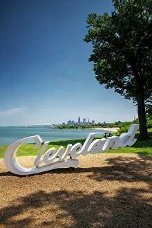 Cleveland sign and skyline, Lake Erie, Ohio, USA