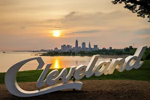 Eastern Usa Prints: Cleveland skyline and sign, Lake Erie, Ohio, USA