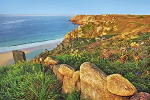 Logan Rock Prints: Cliff landscape at Pednvounder Beach - United Kingdom, England, Cornwall, Porthcurno