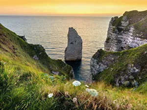 Seine Maritime Prints: Cliff les Falaises at sunset ETRETAT Seine Maritime, Normany, France