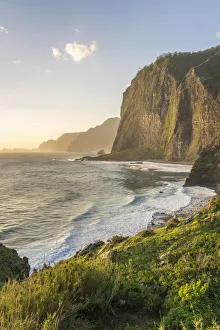 Cliffs and waves on Faial beach at dawn. Faial, Santana municipality, Madeira Island