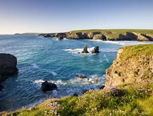 Clifftop view of Porthcothan Bay and Trevose Head, Cornwall, England. Spring