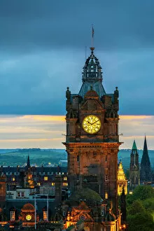 Towers Collection: Clock tower of Balmoral Hotel at twilight, UNESCO, Old Town, Edinburgh, Lothian, Scotland, UK