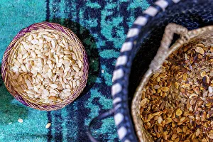 Ingredient Prints: Close up of argan seeds ready to be managed to make argan oil, Morocco, Africa