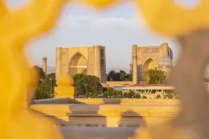 Silk Route Prints: Close up of Bibi Khanum mosque buildings from Hazrat Hizr mosque at sunrise