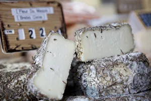 Close up of cheese in a deli case in Aurillac, France