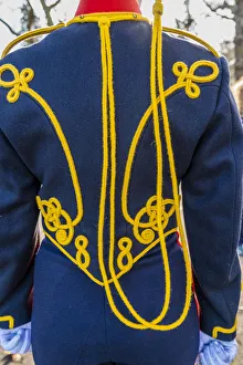 Close up of the uniform of a King's Troop Royal Horse Artillery soilder, on Acession day, St James Park, London Close up of the uniform of a King's Troop Royal Horse Artillery soilder, on Acession day, St James Park, London