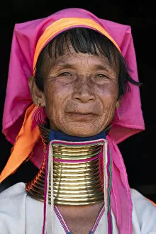 Necklaces Collection: Close-up portrait of senior Kayan woman wearing traditional brass neck rings