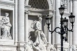 Baroque Style Prints: Close up view of the marble sculptures adorning the Trevi fountain, Rome, Lazio, Italy