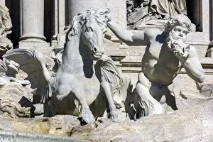 Baroque Style Prints: Close up view of the marble sculptures adorning the Trevi fountain, Rome, Lazio, Italy