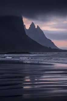 Rugged Peak Prints: Close up view of the Vestrahorn and the peaks behind it with sand patterns, Iceland