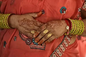Jewellery Collection: Close up of a Womens henna and jewellery at the Hotel Laxmi Villa Palace Hotel, Bharatpur