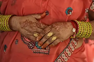 Jewellery Prints: Close up of a Womens henna and jewellery at the Hotel Laxmi Villa Palace Hotel, Bharatpur