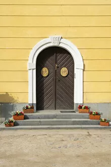 Closed wooden door at Blatna Castle, Blatna, Strakonice District, South Bohemian Region, Czech Republic