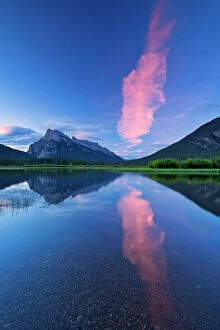 Images Dated 20th April 2023: Cloud at dawn reflected in Vermillion Lakes with Mtount Rundle and Sulphur Mountain