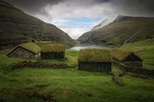 Saksun Prints: Cloudy afternoon at the moss cabins of Saksun
