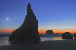 Bandon Prints: Coast landscape at Bandon Beach with moon - USA, Oregon, Coos, Bandon, Bandon Beach