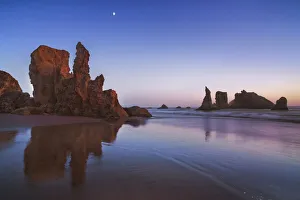 Bandon Prints: Coast landscape at Bandon Beach with moon - USA, Oregon, Coos, Bandon, Bandon Beach