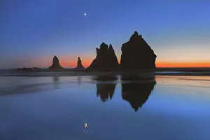 Samuel H Prints: Coast landscape with bizarre rocks and moon - USA, Oregon, Curry, Samuel H