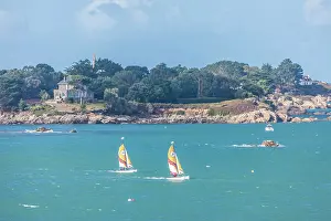 Coastal Town Prints: Coast with sailboats near Carantec, Finistere, Brittany, France