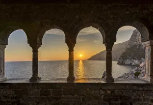 Portovenere Prints: Coastline at Sunset through Arches, Portovenere, Liguria, Italy