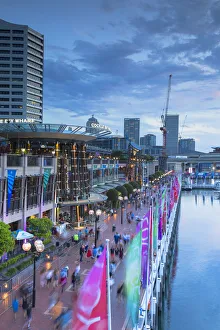 New South Wales Prints: Cockle Bay Wharf at dusk, Darling Harbour, Sydney, New South Wales, Australia