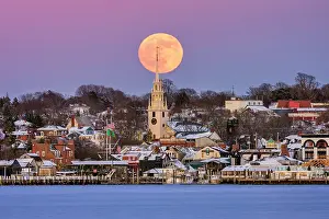 Michael Blanchette Prints: Cold moon rising over downtown Newport, Rhode Island, USA