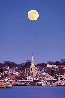 Habour Prints: Cold moon rising over downtown Newport, Rhode Island, USA