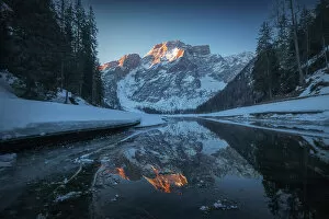 Wood Collection: A cold winter sunrise along the frozen shores of the Braies lake (Pragser Wildsee). Dolomites, Italy