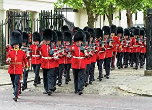 Coldstream Guards leaving Wellington Barracks during Trooping the Colour, London, England