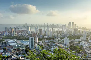 Colombia, Caribbean coast, Cartagena, Caribbean, view of the skyline of the port