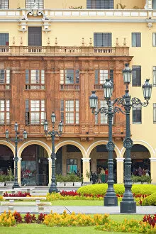 Colonial buildings in the Plaza de Armas of Lima, Peru. Lima is also known as the 'City of the Kings"