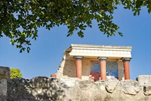 Archeological Site Gallery: Colonnade in the north entrance of the Knossos Palace with bull fresco, Heraklion, Crete