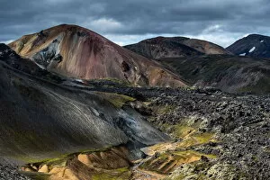 Images Dated 29th July 2021: Colored mountains and lava camp in highlands of Iceland, Landmannalaugar, Iceland