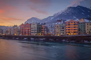 Marktplatz Prints: The colorful buildings of Mariahilf at dusk, Innsbruck, Tyrol, Asutria