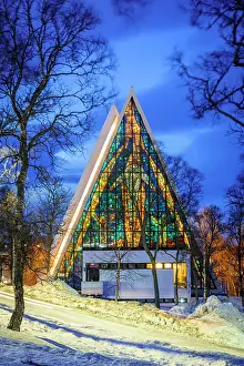 Fjord Prints: Colorful glass window with mosaics on facade the Arctic Cathedral, Tromso, Norway