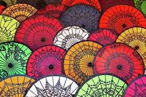 Craft Prints: Colorful handmade Pathein umbrellas, Old Bagan, Bagan, Myanmar