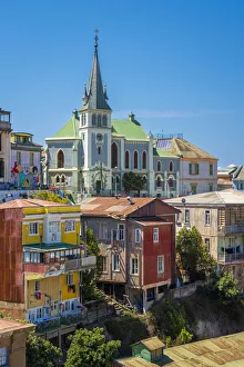 Images Dated 15th March 2022: Colorful houses and Lutheran Church of the Holy Cross, Cerro Concepcion, UNESCO, Valparaiso