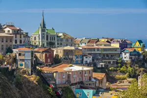 Images Dated 15th March 2022: Colorful houses and Lutheran Church of the Holy Cross, Cerro Concepcion, UNESCO, Valparaiso